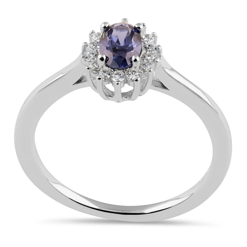 Sterling Silver Oval Blue Tanzanite Halo CZ Engagement Ring