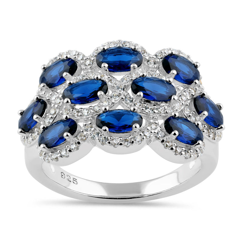 Sterling Silver Oval Blue Sapphire Halo CZ Cluster Ring