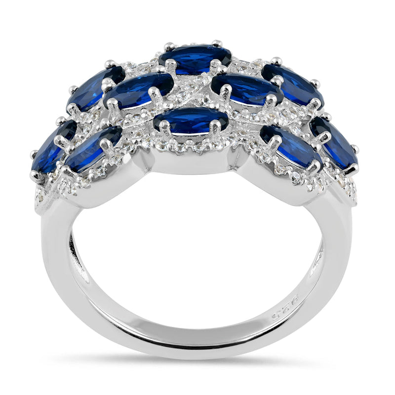 Sterling Silver Oval Blue Sapphire Halo CZ Cluster Ring