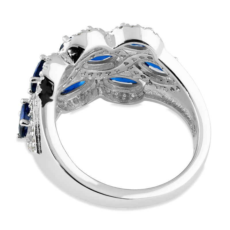 Sterling Silver Oval Blue Sapphire Halo CZ Cluster Ring