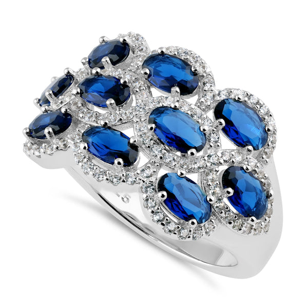 Sterling Silver Oval Blue Sapphire Halo CZ Cluster Ring