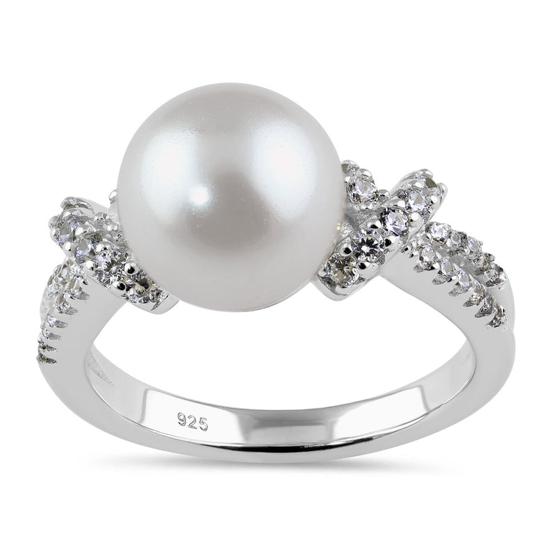 Sterling Silver Knot Shell Pearl CZ Engagement Ring