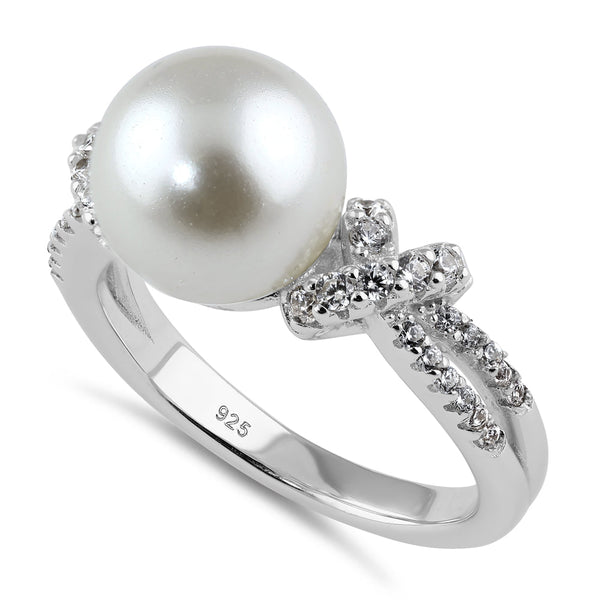 Sterling Silver Knot Shell Pearl CZ Engagement Ring