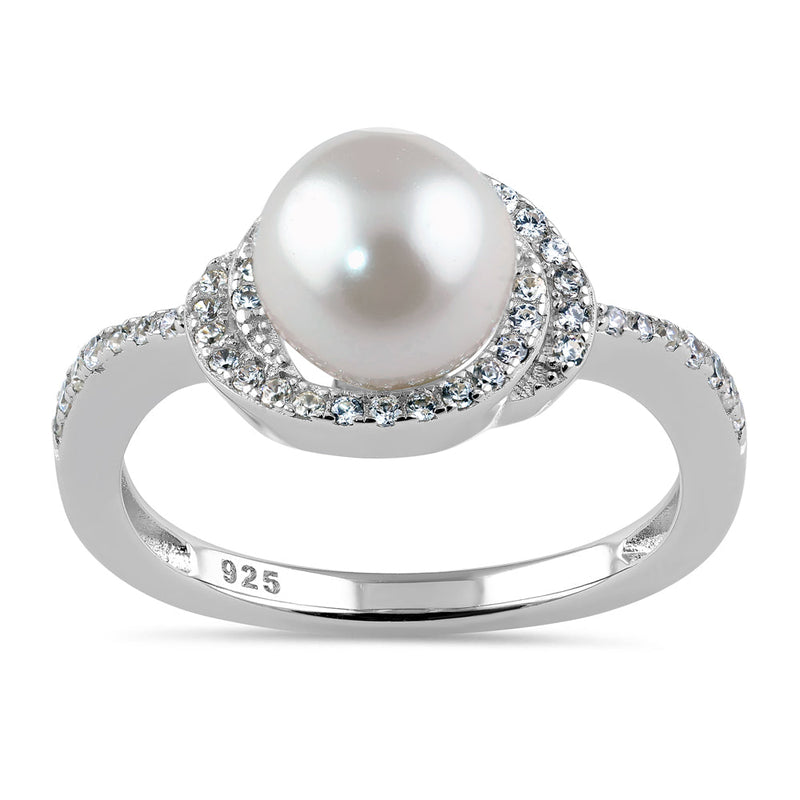 Sterling Silver Spiral Shell Pearl CZ Engagement Ring