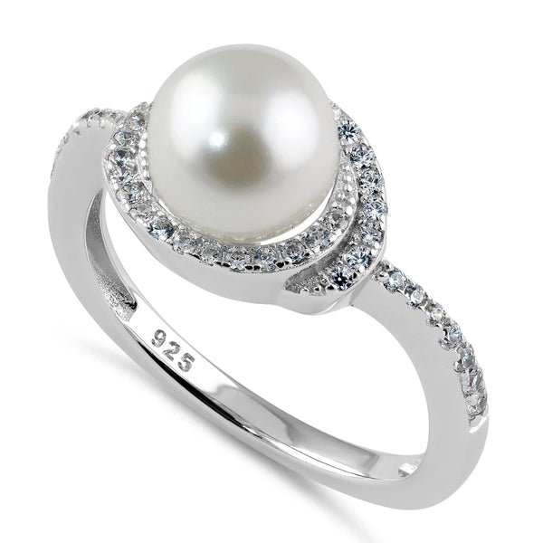 Sterling Silver Spiral Shell Pearl CZ Engagement Ring