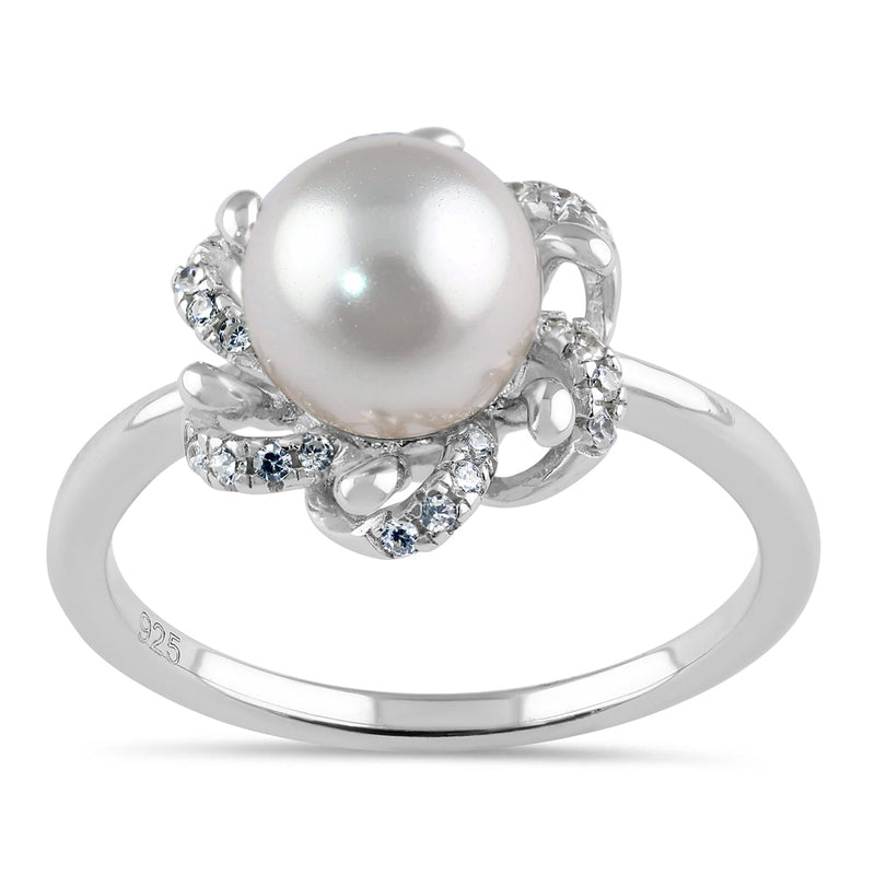 Sterling Silver Floral Shell Pearl CZ Engagement Ring