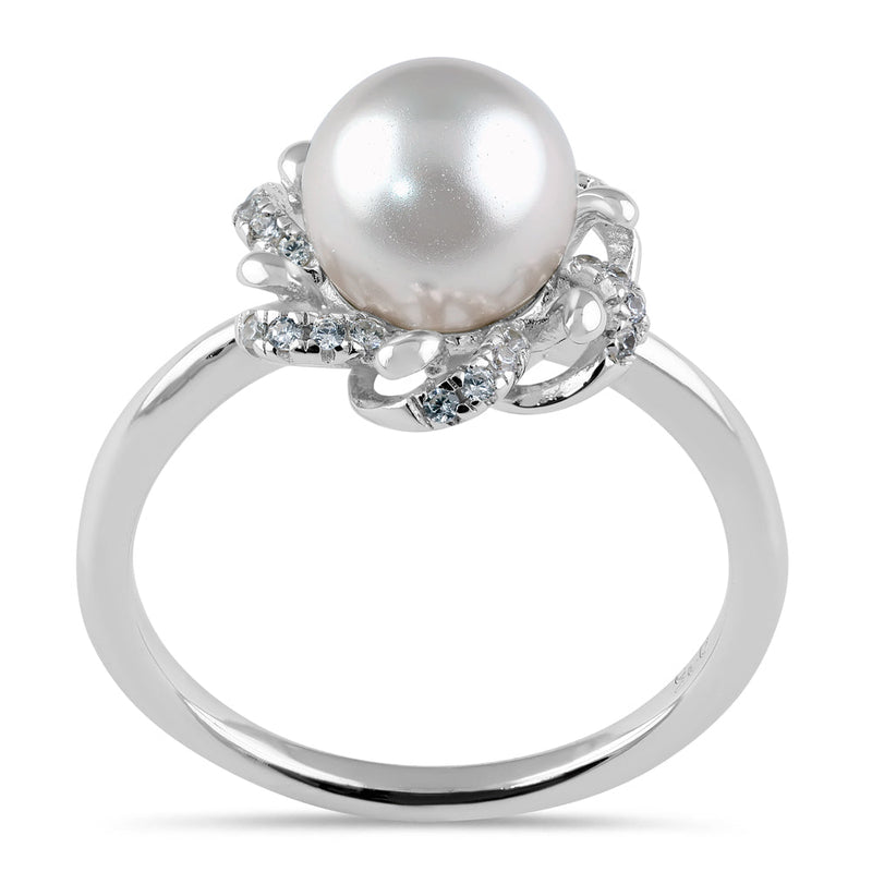 Sterling Silver Floral Shell Pearl CZ Engagement Ring