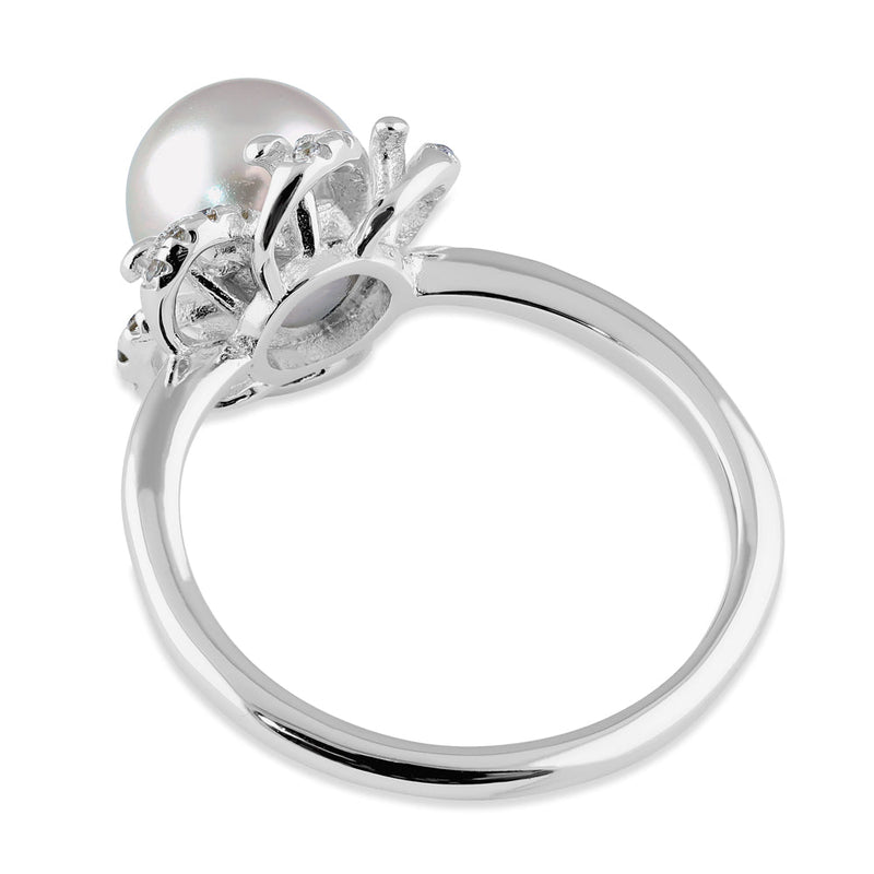 Sterling Silver Floral Shell Pearl CZ Engagement Ring