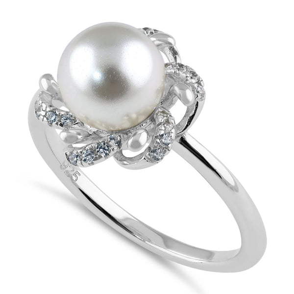 Sterling Silver Floral Shell Pearl CZ Engagement Ring