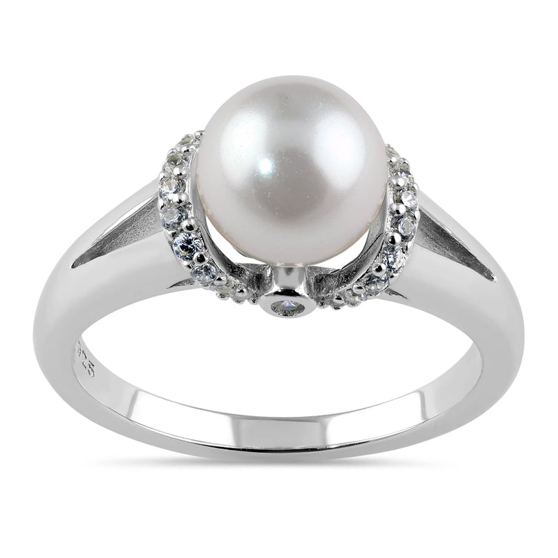 Sterling Silver Classic Shell Pearl CZ Engagement Ring