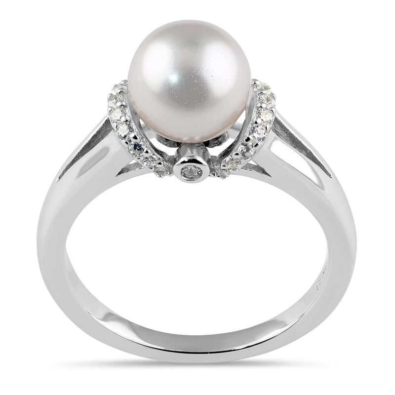 Sterling Silver Classic Shell Pearl CZ Engagement Ring