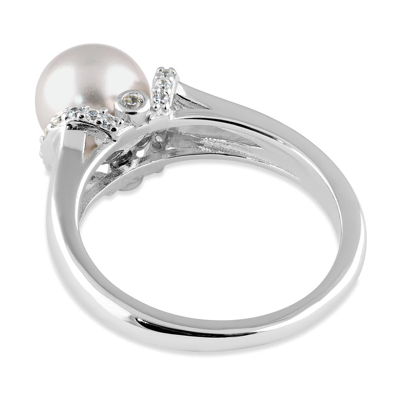 Sterling Silver Classic Shell Pearl CZ Engagement Ring