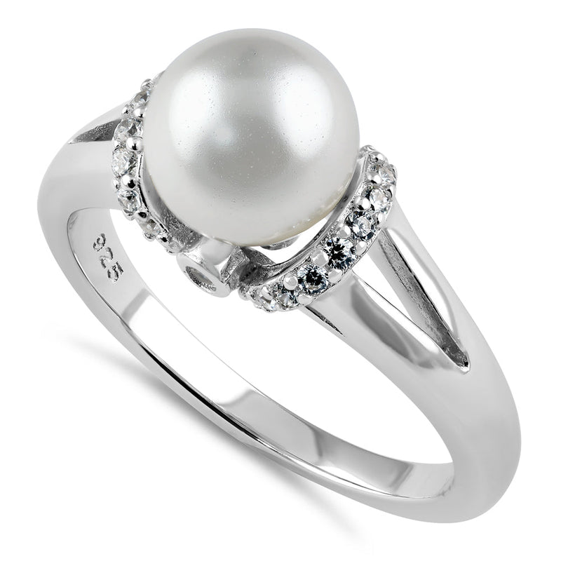 Sterling Silver Classic Shell Pearl CZ Engagement Ring