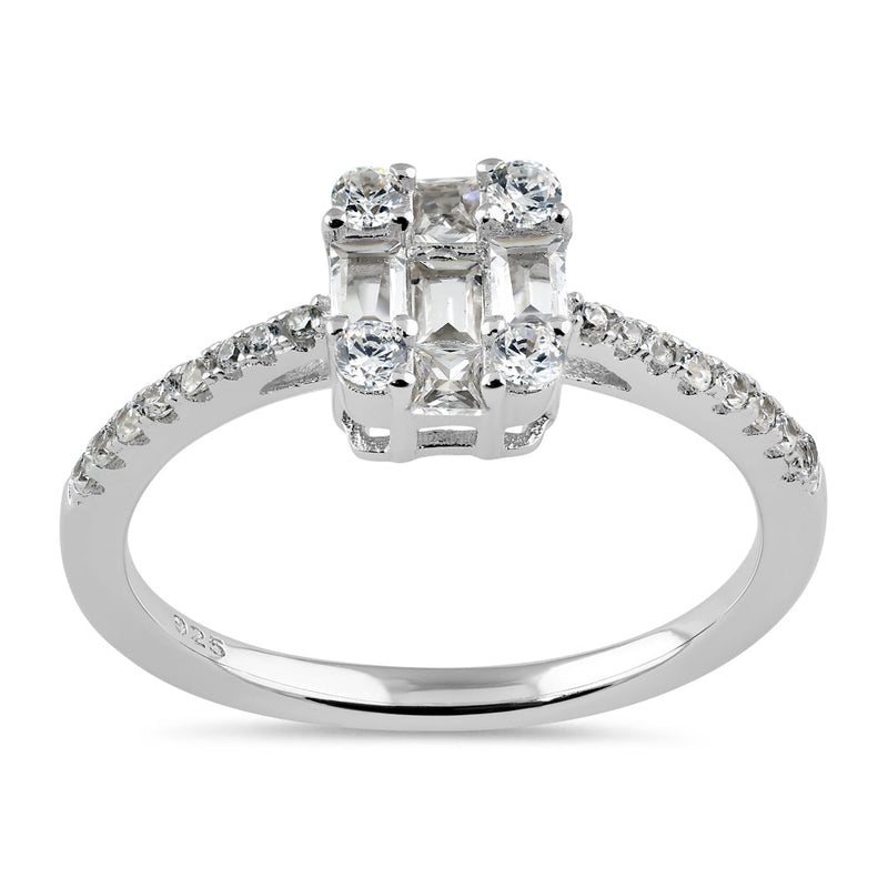 Sterling Silver Baguette Princess & Round Cut CZ Engagement Ring