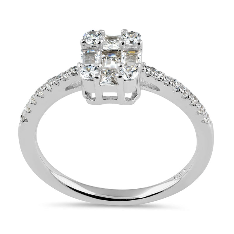 Sterling Silver Baguette Princess & Round Cut CZ Engagement Ring