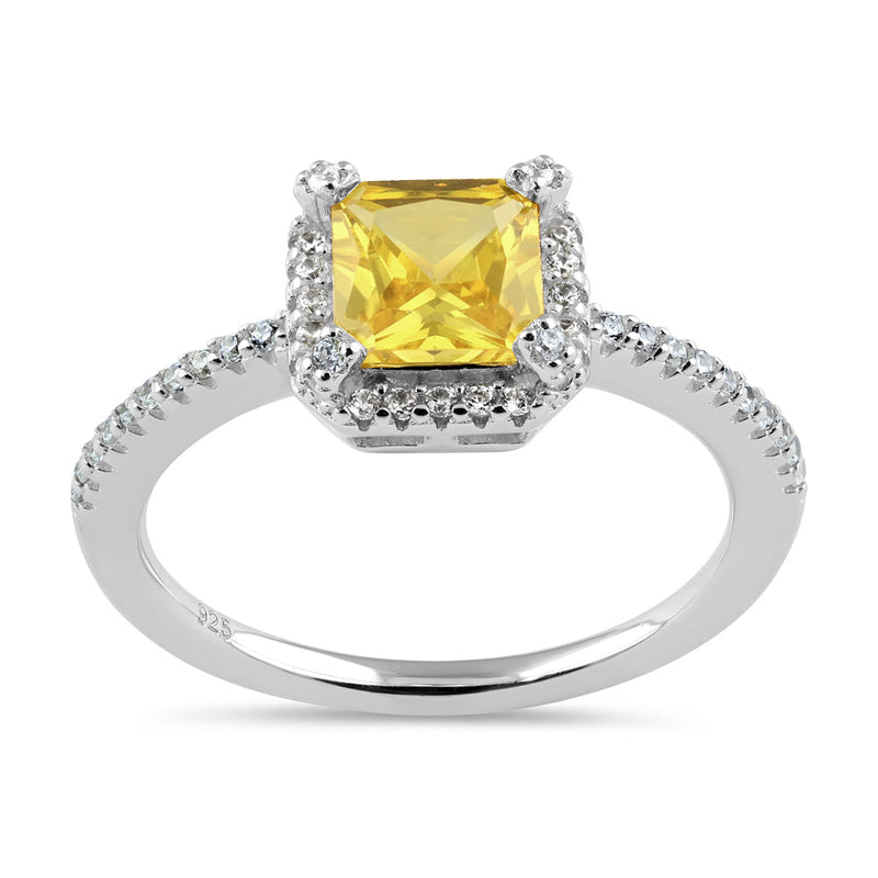 Sterling Silver Classic Princess Cut Halo Yellow CZ Ring