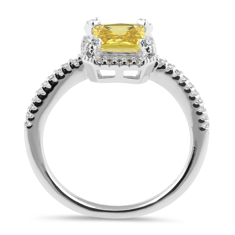 Sterling Silver Classic Princess Cut Halo Yellow CZ Ring