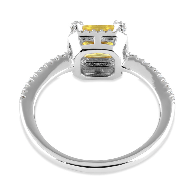 Sterling Silver Classic Princess Cut Halo Yellow CZ Ring