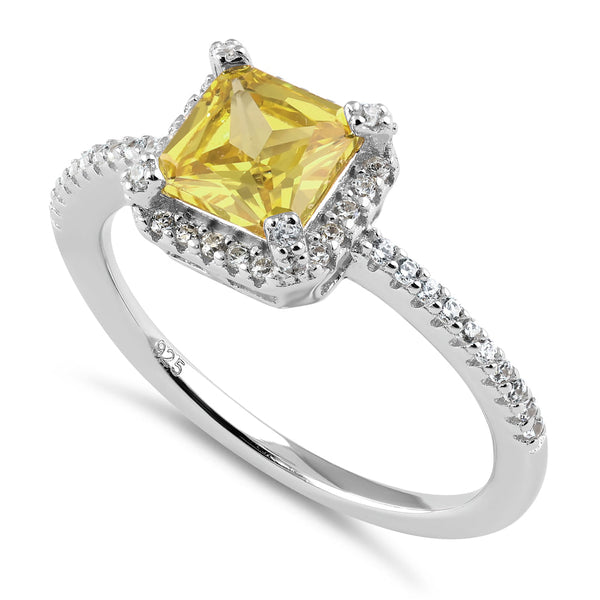 Sterling Silver Classic Princess Cut Halo Yellow CZ Ring