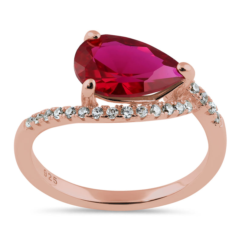 Sterling Silver Rose Gold Plated Ruby Pear CZ Ring