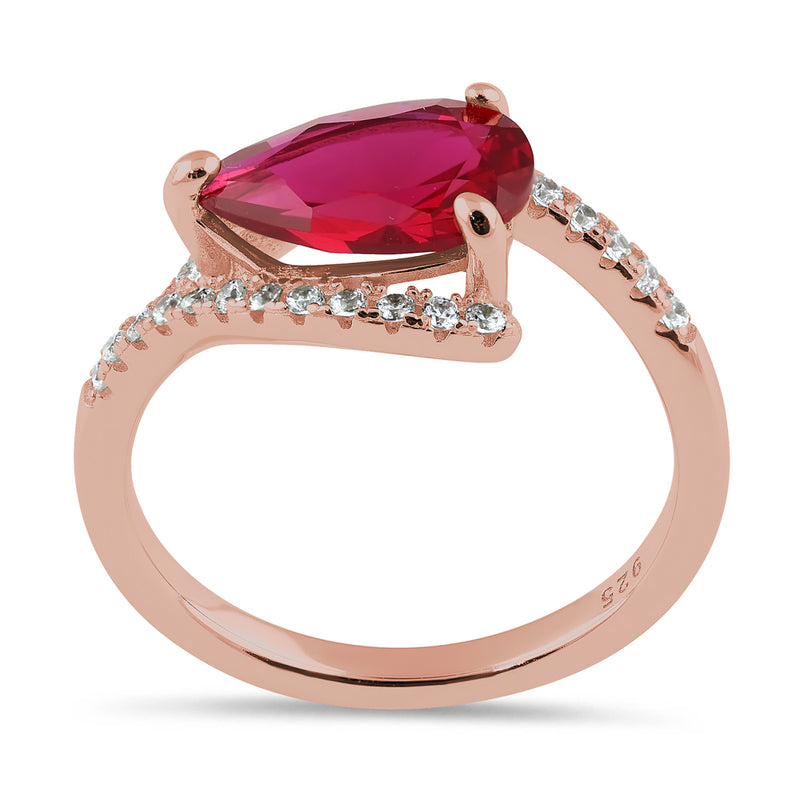 Sterling Silver Rose Gold Plated Ruby Pear CZ Ring