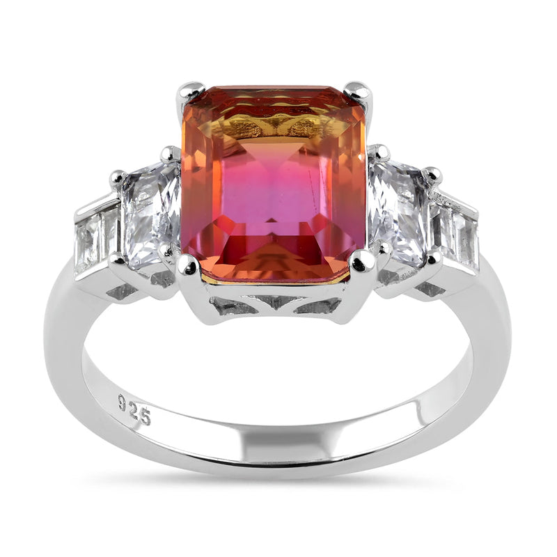 Sterling Silver Unique Padparadscha Sapphire Emerald CZ Ring