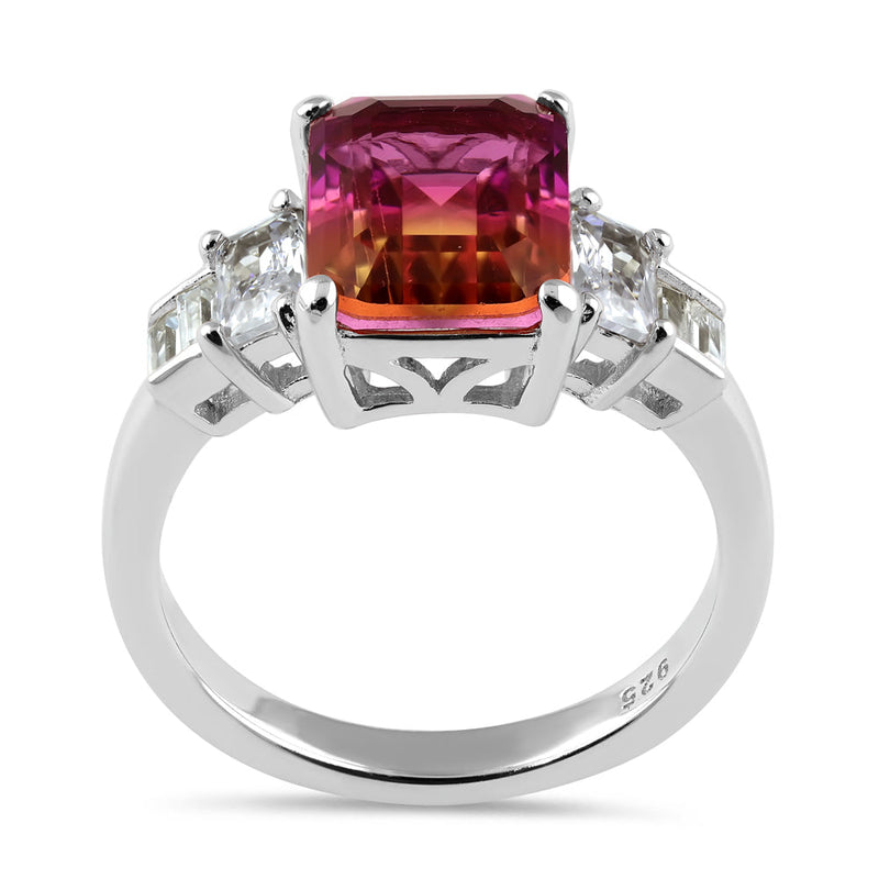 Sterling Silver Unique Padparadscha Sapphire Emerald CZ Ring