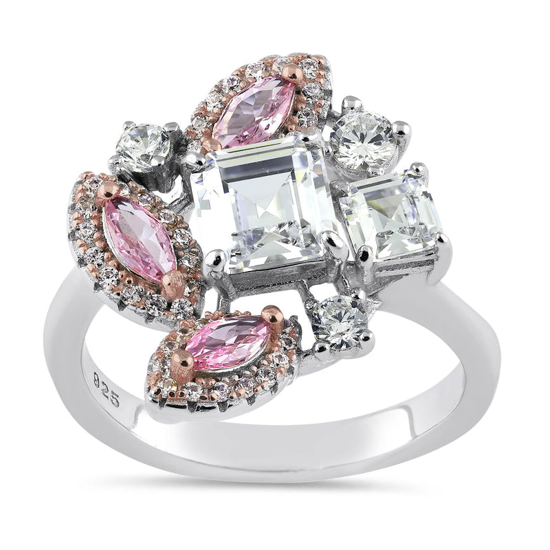 Sterling Silver Square Marquise and Round Cut Pink and White CZ Cluster Ring