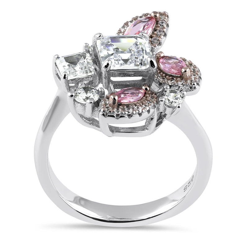 Sterling Silver Square Marquise and Round Cut Pink and White CZ Cluster Ring