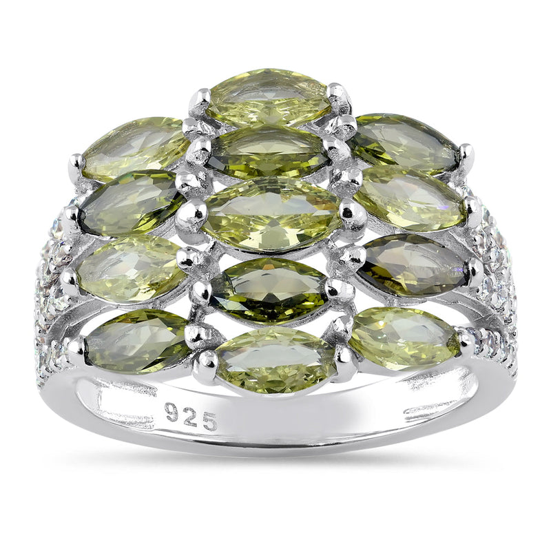 Sterling Silver Marquise Light and Dark Peridot CZ Cluster Ring