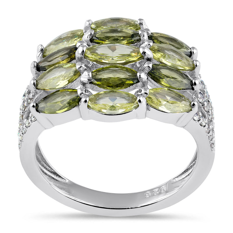 Sterling Silver Marquise Light and Dark Peridot CZ Cluster Ring