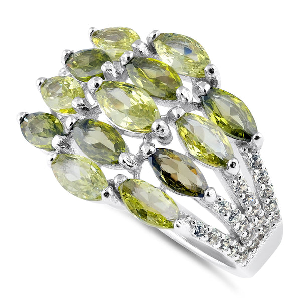 Sterling Silver Marquise Light and Dark Peridot CZ Cluster Ring