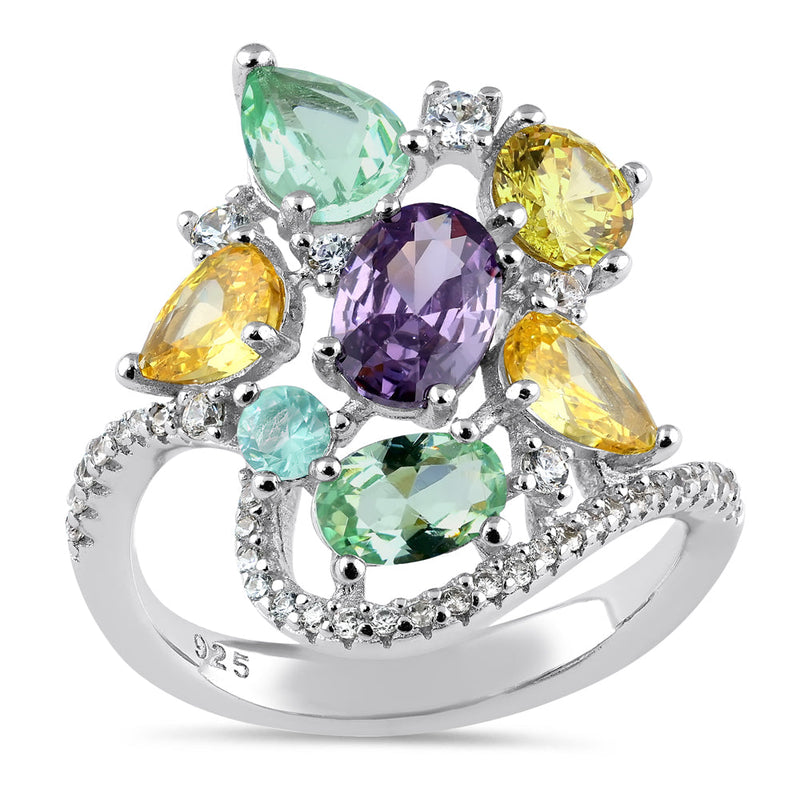 Sterling Silver Extravagant Colorful CZ Cluster Ring