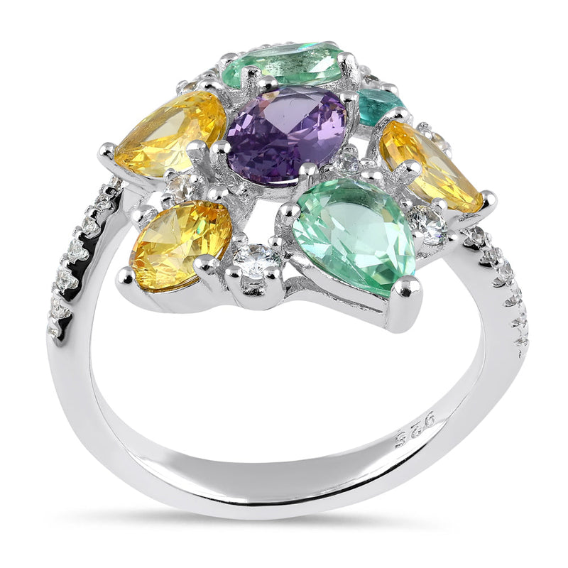 Sterling Silver Extravagant Colorful CZ Cluster Ring