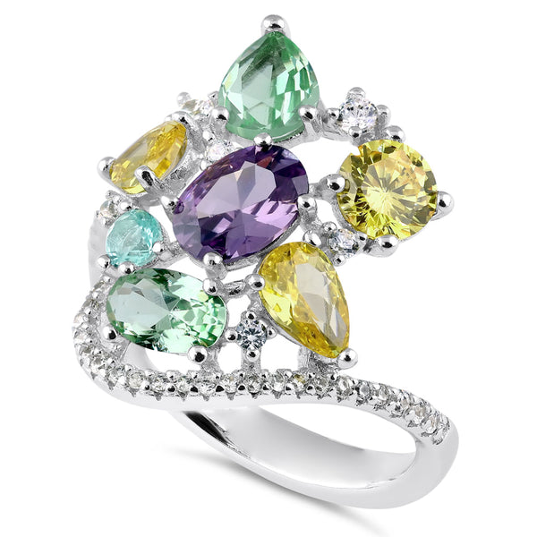 Sterling Silver Extravagant Colorful CZ Cluster Ring