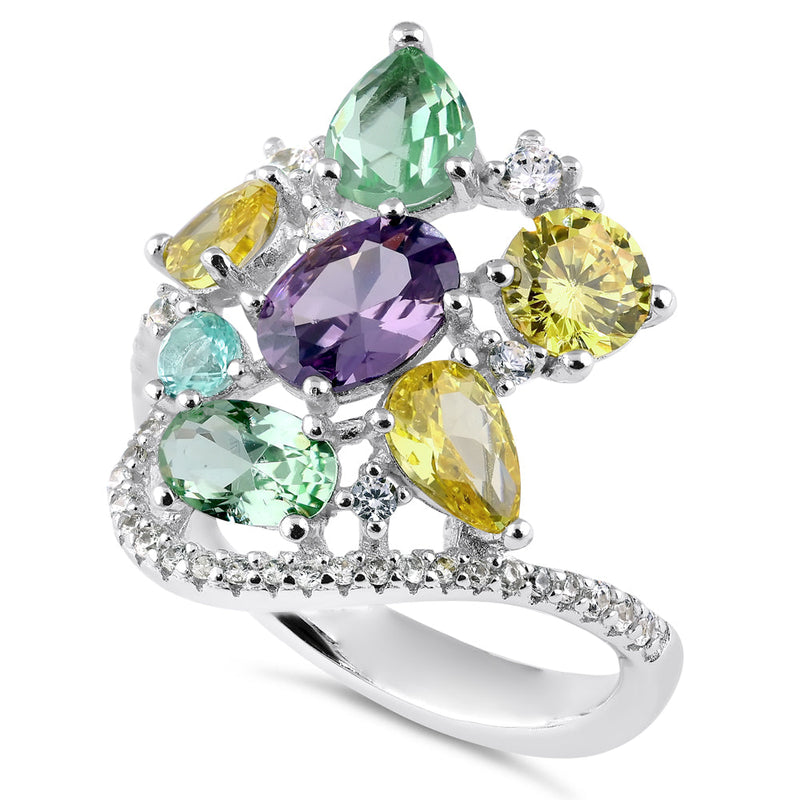 Sterling Silver Extravagant Colorful CZ Cluster Ring