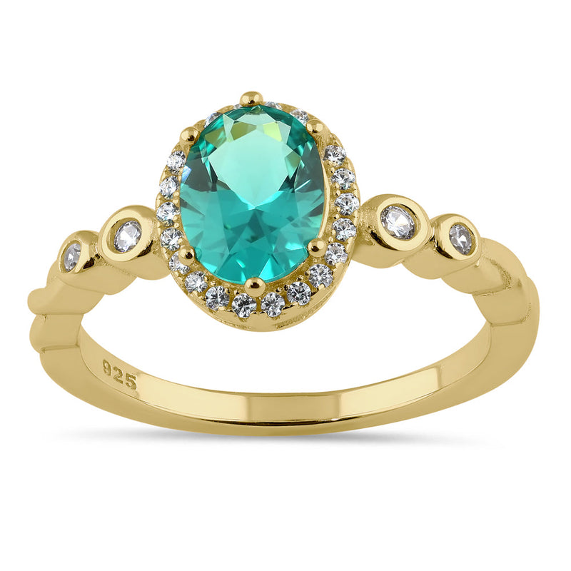 Sterling Silver Yellow Gold Plated Oval Cut Teal CZ Halo Ring