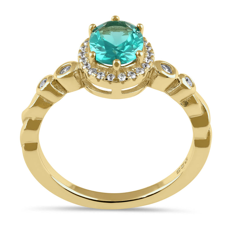 Sterling Silver Yellow Gold Plated Oval Cut Teal CZ Halo Ring