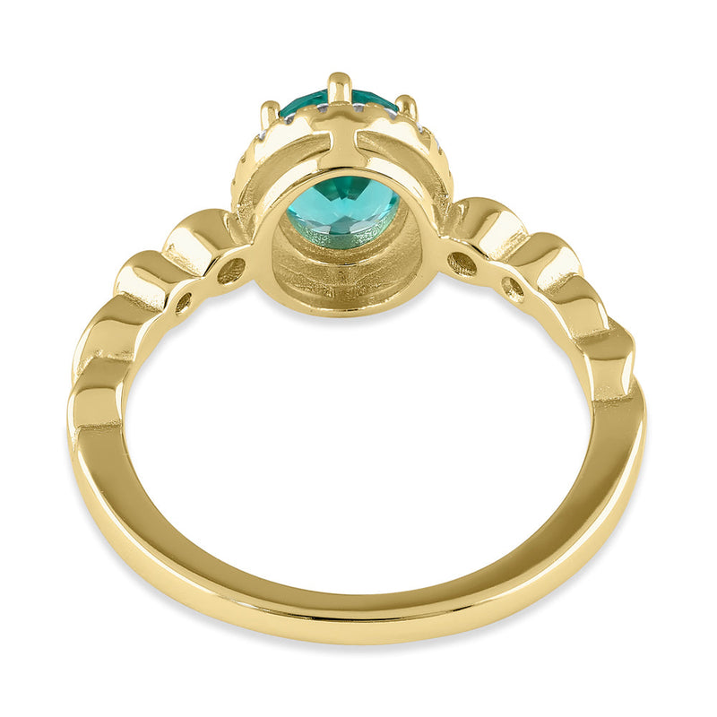 Sterling Silver Yellow Gold Plated Oval Cut Teal CZ Halo Ring