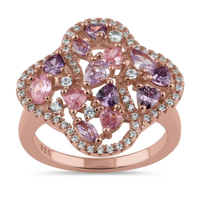 Sterling Silver Rose Gold Plated Pink and Lavender CZ Clover Cluster Ring