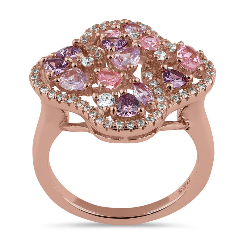 Sterling Silver Rose Gold Plated Pink and Lavender CZ Clover Cluster Ring