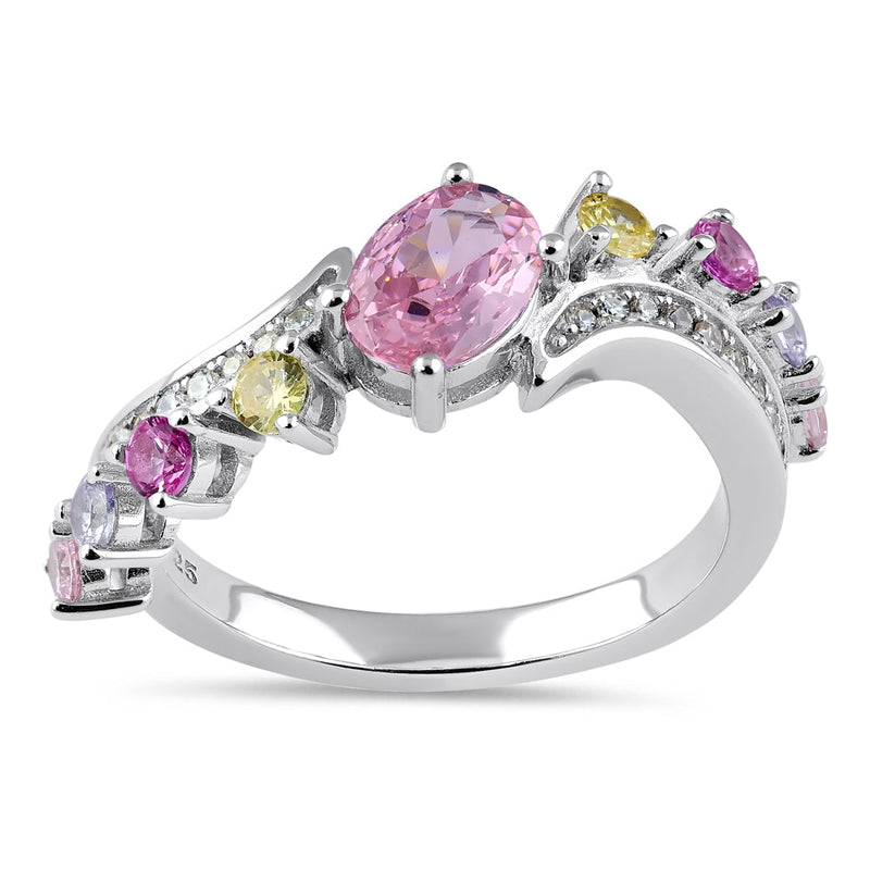 Sterling Silver Half Eternity Pink and Yellow CZ Curved Ring