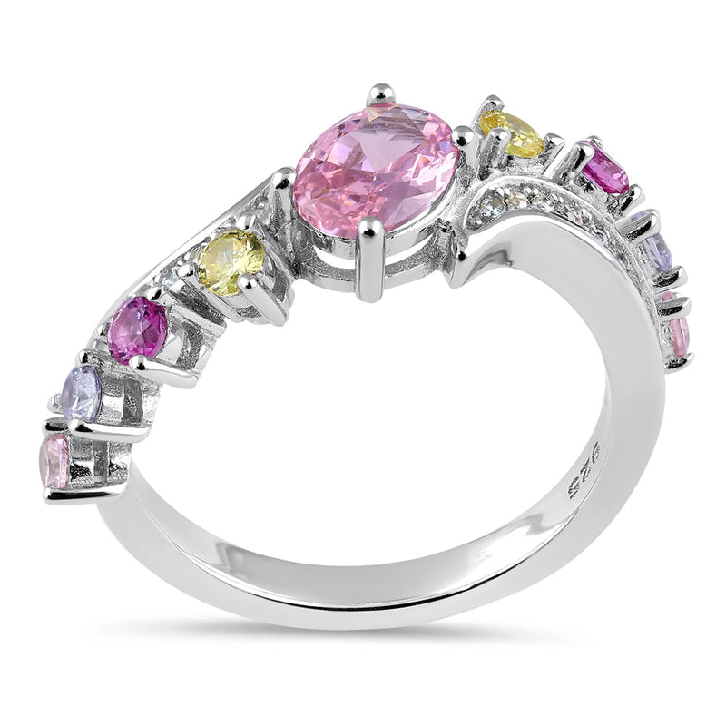 Sterling Silver Half Eternity Pink and Yellow CZ Curved Ring