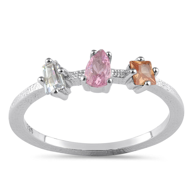 Sterling Silver Round Pear and Tapered Baguette Pink and Champagne CZ Ring