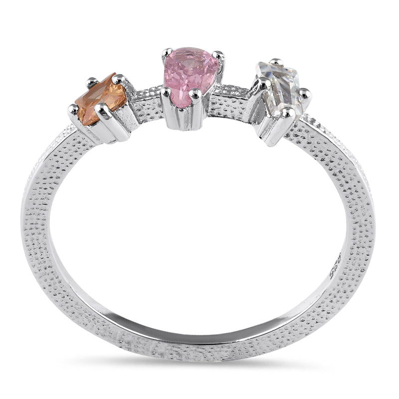 Sterling Silver Round Pear and Tapered Baguette Pink and Champagne CZ Ring