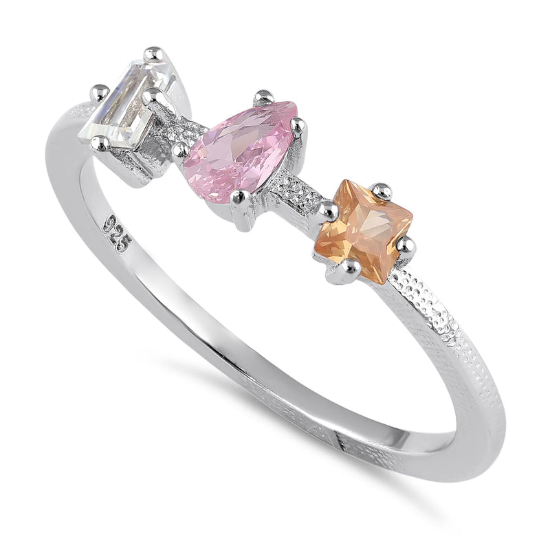 Sterling Silver Round Pear and Tapered Baguette Pink and Champagne CZ Ring