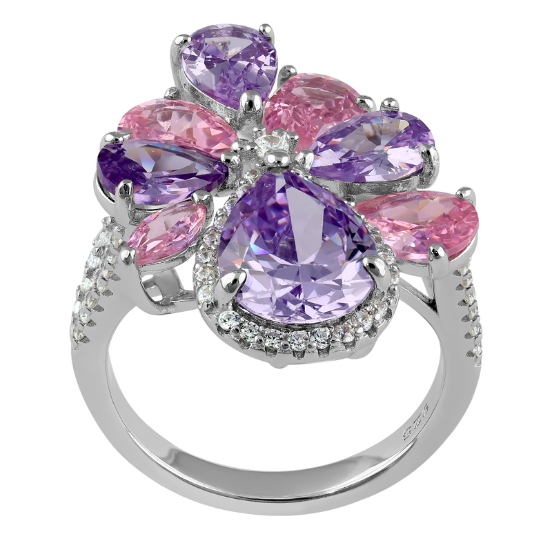 Sterling Silver Pink and Lavender CZ Cluster Ring