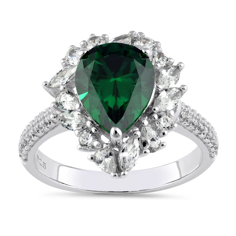 Sterling Silver Extravagant Pear Cut Emerald CZ Halo Ring