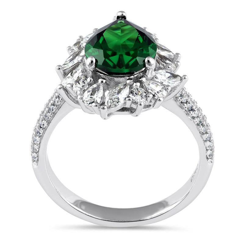 Sterling Silver Extravagant Pear Cut Emerald CZ Halo Ring