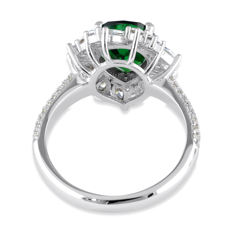 Sterling Silver Extravagant Pear Cut Emerald CZ Halo Ring